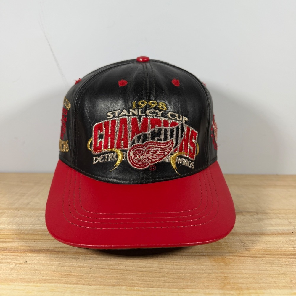 Detroit Red Wings Hat Mens Black Strapback Leather Vtg 1998 Stanley Cup Champs